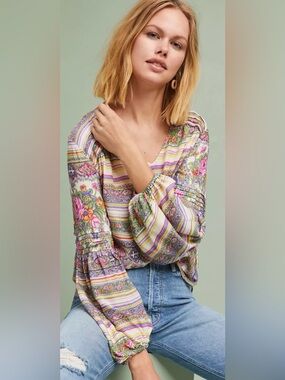 Anthropologie Mauve Floral Multicolor Women's Long Sleeve Top Size Small
